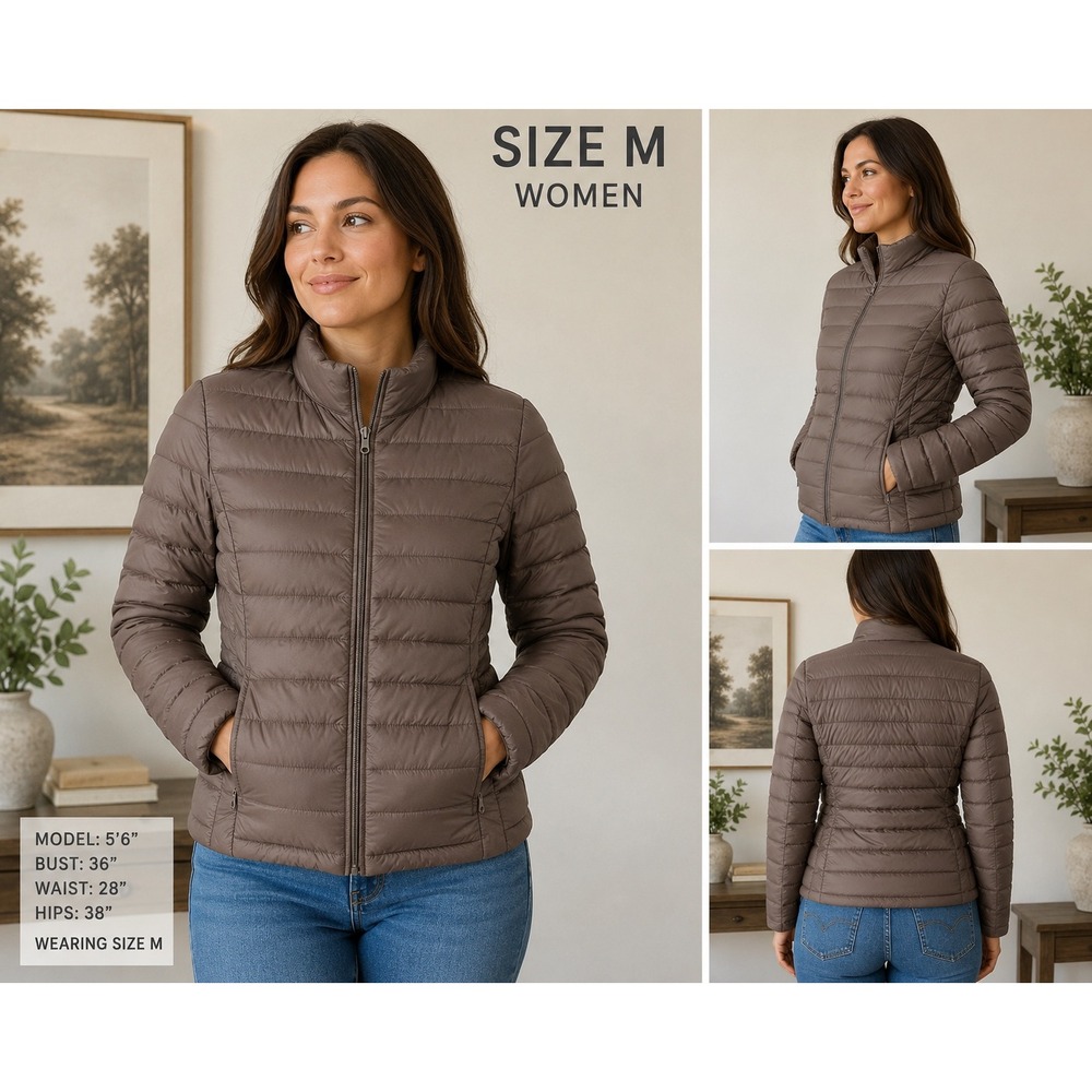 Love Tree Women's Medium Brown Ultra Light Packable Puffer Jacket Full Zip Coat